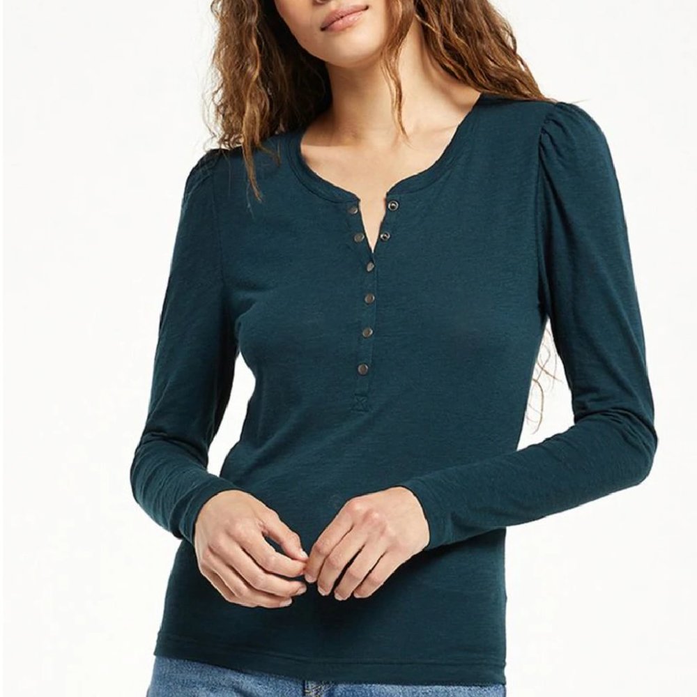Z Supply Liv Brushed Slub Henley Top Deep Emerald Green Small